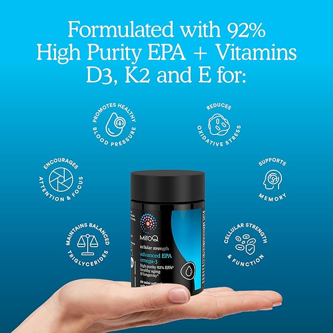 MitoQ Advanced EPA Omega-3 – High-Purity 800mg EPA Fish Oil Supplement | with Vitamin K2 D3 E | Cardiovascular Brain Cellular Support | No Fishy Aftertaste | 60 Softgels