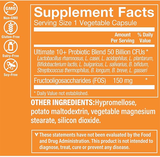 The Vitamin Shoppe Ultimate 10+ Probiotics 50 Billion CFU - 10 Probiotic Strains for Digestive Health Immune &amp Gut Support (60 Vegetable Capsules)