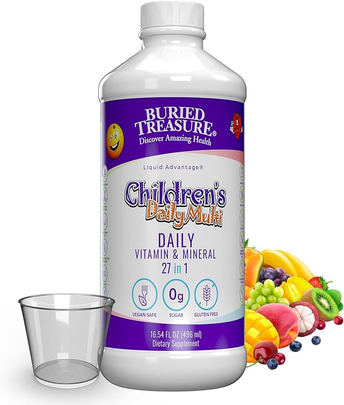 Buried Treasure Children's Daily Multi Liquid Multivitamin &amp Minerals Nutritional Dietary Vegan Supplement for Kids No Artificial Ingredients Non-GMO Natural Fruit Flavors 16 oz w/Dose Cup