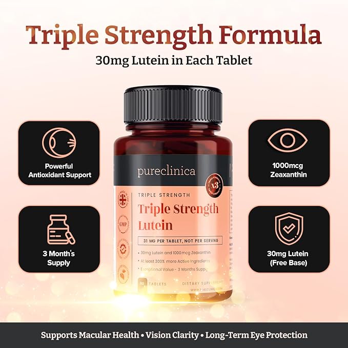pureclinica Lutein 30mg with Zeaxanthin 1000mcg – Triple Strength Supplement 90 Tablets (3-Month Supply)