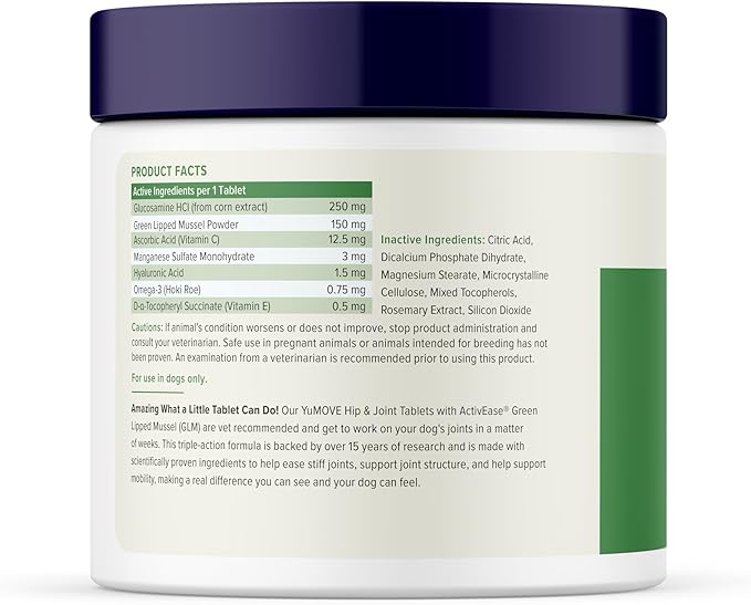 Yumove Hip &amp Joint Supplement for Dogs with Glucosamine Hyaluronic Acid Green Lipped Mussel &amp Omega 3 Joint Supplement - Regular or Advanced Strength (300 Count Chewable Tablets)