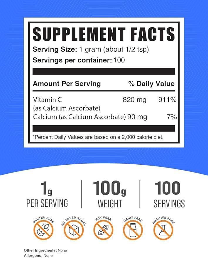 BulkSupplements.com Calcium Ascorbate Powder - Buffered Vitamin C Calcium Supplement Powder Vitamin C Supplement - Gluten Free 1000mg per Serving 100 Servings 100g (3.5 oz) (Pack of 2)