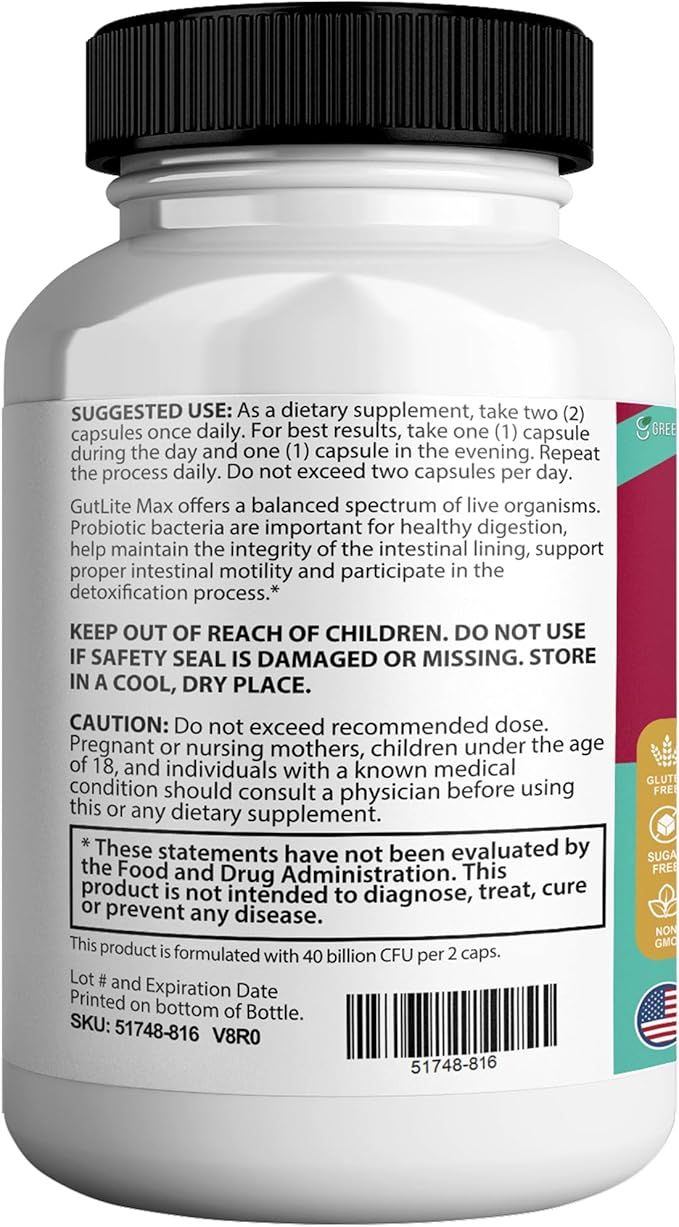 GutLite Max Probiotic Supplement Maximum Strength 40 Billion CFU 60 Capsules 30-Day Supply MAKTREK Bi-Pass Technology (1)