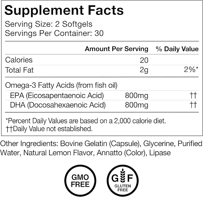 Momentous Omega-3 Fish Oil - High-Potency EPA &amp DHA Supplement for Men &amp Women - Supports Heart Joint &amp Brain Health - NSF Certified for Sport - Non-GMO - Gluten-Free - 1600 mg - 30 Ser