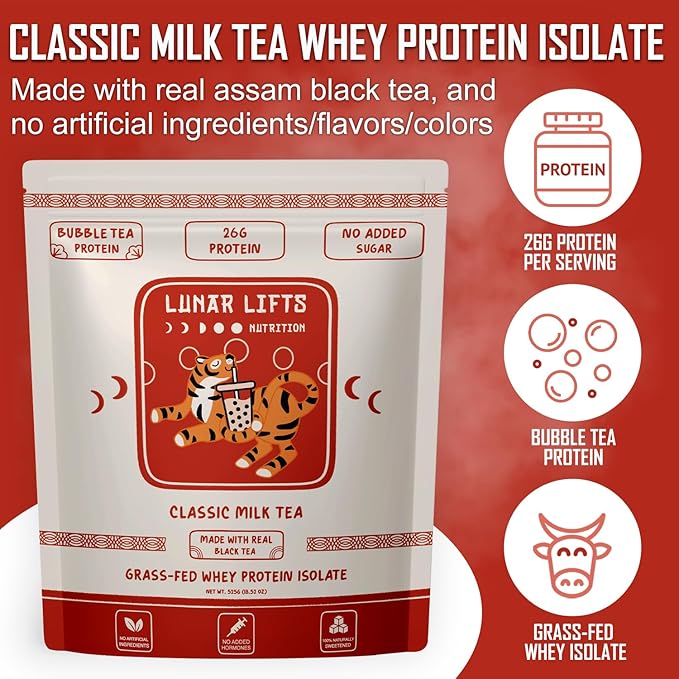 Lunar Lifts Nutrition Classic Milk Tea Boba Protein Powder | Whey Protein Isolate | 26g Grass Fed Whey Protein Powder | No Added Sugar or Artificial Ingredients | Bubble Tea