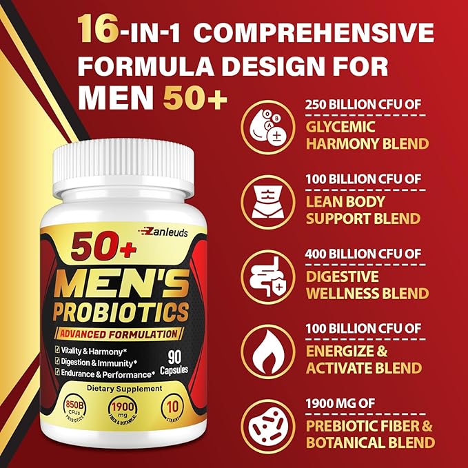 Probiotics for Men Potent 50+ Mens Probiotic Complete Gut &amp Digestive Health with 850 Billion CFU 1900mg Prebiotic Fiber Energize Immune Mens Probiotics for Gut Health Over 50-90 Capsule