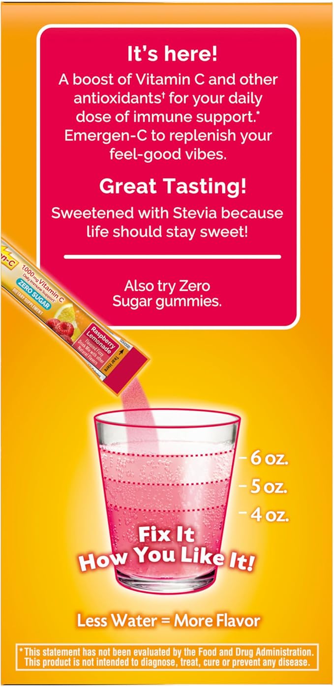 Emergen-C Zero Sugar 1000 mg Vitamin C Powder for Daily Immune Support Caffeine Free Vitamin C Supplements with Zinc and Manganese B Vitamins and Electrolytes Raspberry Lemonade Flavor - 36 Count