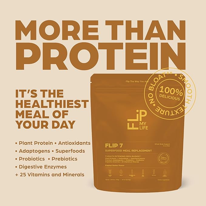 Flip My Life Flip 7 Natural SuperFood Plant-Based Protein Complete Meal Replacement to Support Healthy Gut 7 Mega Nutrient Rich Blends all in one to AGE BETTER - Peanut Butter