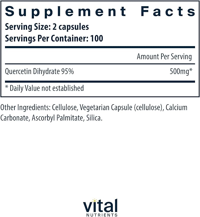 Vital Nutrients Quercetin - Vegan Quercetin Supplement with Bioflavonoids for Sinus Respiratory Heart &amp Immune Function Support - Gluten Dairy Soy Free - 500mg - 200 Capsules