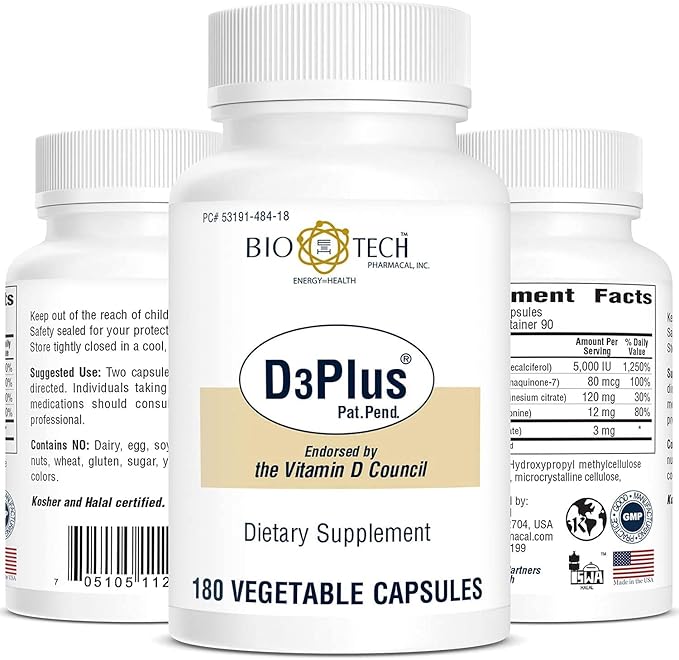 Bio-Tech Pharmacal D3Plus 180 Vegetable Capsules – All-Natural Supplement – Supports Skeletal &amp Cardiovascular Health – No Dairy Fish Gluten Peanut Shellfish &amp Soy