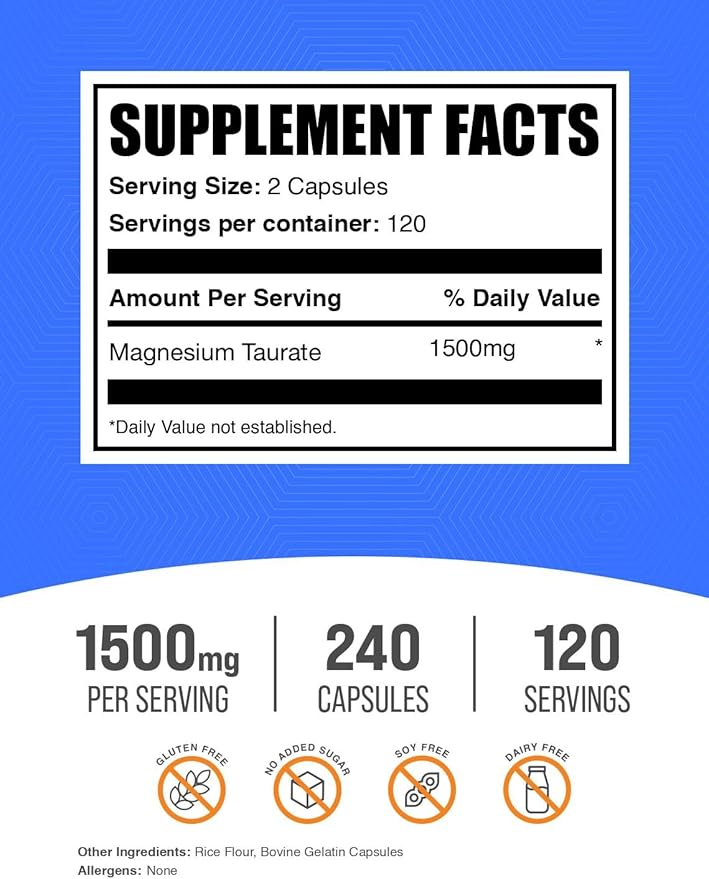 BulkSupplements.com Magnesium Taurate Capsules - Magnesium Supplement Magnesium Taurate 1500mg - Gluten Free 2 Capsules per Serving 240 Capsules (Pack of 1)