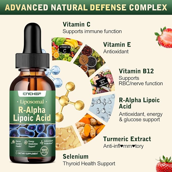 2PCS R Alpha Lipoic Acid Liquid Drops 600mg – ALA Supplement Nerve Savior for Neuropathy for Nerve Energy &amp Metabolism Support - Extra Strength with Turmeric Selenium C E &amp B12 Strawberry