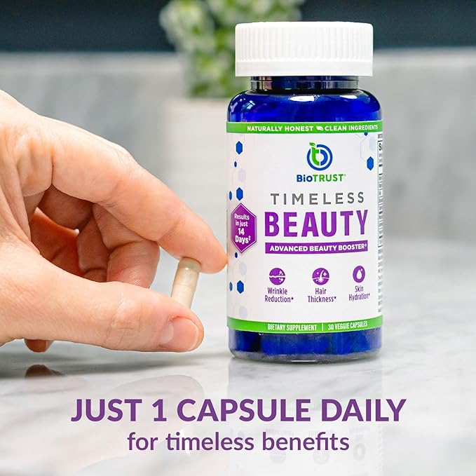 BioTrust Timeless Beauty Ceramide Booster – Hair &amp Skin Restoring Phytoceramides Supplement + Vitamin C Vitamin E Biotin Zinc Hyaluronic Acid – Potent Blend for Hair Skin &amp Nails - 30 Cap