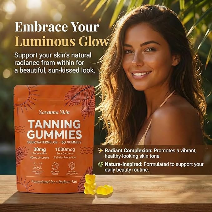 Savanna Skin Sunless Tanning Gummies for Natural Bronze Glow - with Beta Carotene Vitamin C &amp E - Vegan &amp Sugar-Free Skin Hydration Supplement - 60 Count