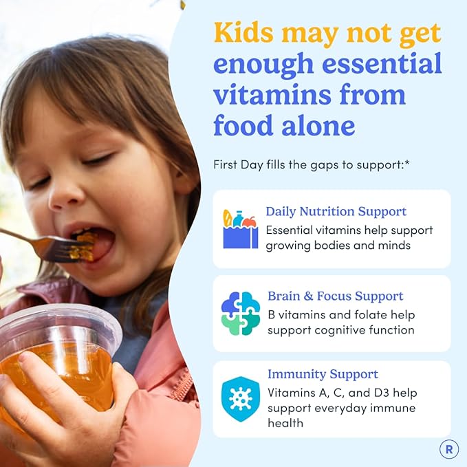 First Day Kids Multivitamin Gummies Age 4+ Strawberry &amp Orange - Kids Vitamins Multivitamin Gummy A C D3 K2 B1 B2 B6 B12 Folate Immunity &amp Brain Function Vegan - 30 Day Supply Packaging Ma