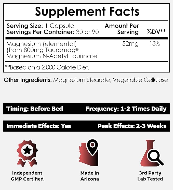 Nootropics Depot Tauromag Capsules | 800mg Magnesium N-Acetyl Taurinate | 90 Count