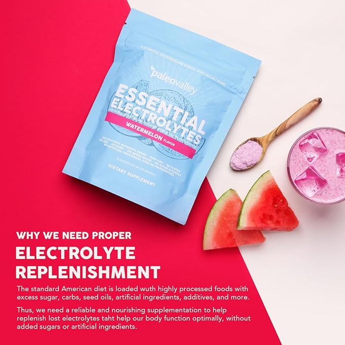 Paleovalley Essential Electrolytes Powder - Full Spectrum Watermelon Electrolyte Powder for Hydration Energy and Muscle Recovery - No Sugar Added - 30 Servings