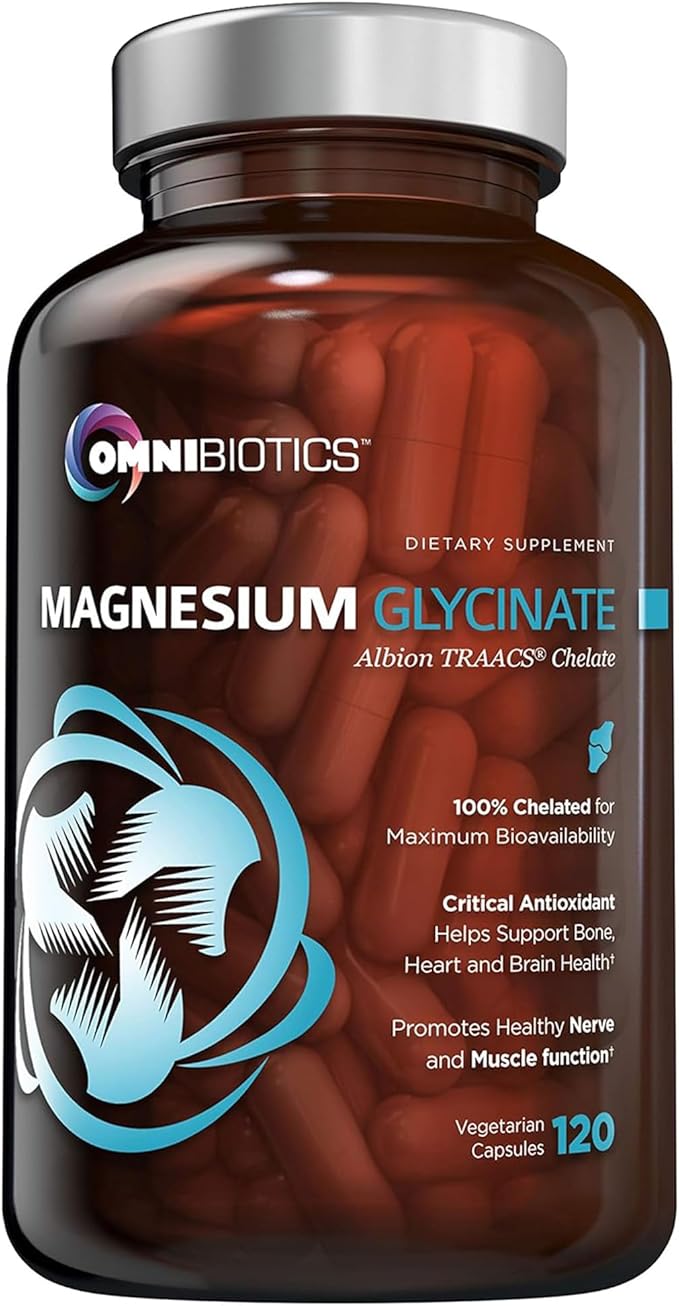 OmniBiotics Magnesium Glycinate Supplement – with 100% Pure Albion TRAACS Bisglycinate Chelate for Sleep Muscle Nerve &amp Heart Health – 120 Vegan Capsules