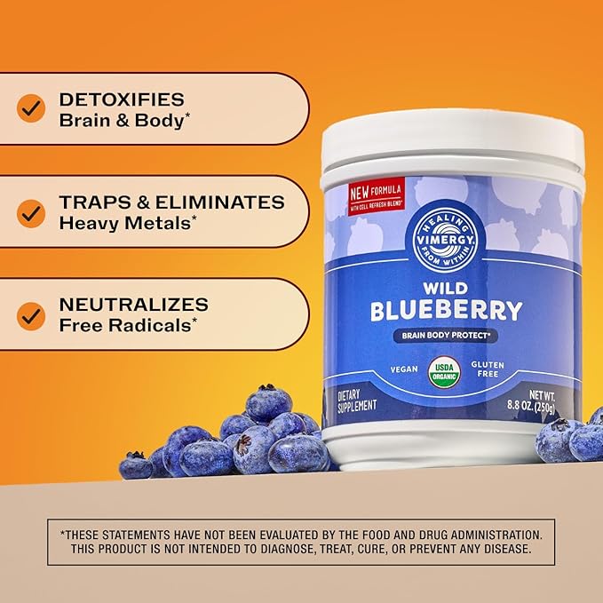 Vimergy Wild Blueberry Powder –Protects Brain Health* - Supports Cardiovascular Function* – USDA Organic Vegan &amp Gluten-Free – 250g