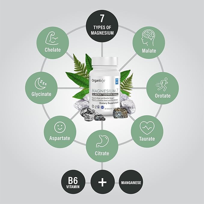 Organixx Magnesium Glycinate Supplement for Support Sleep 3 Month Supply Muscle &amp Heart Health 7 Type Magnesium Complex with Vitamin B6 Manganese Citrate Gluten Free Vegan Non GMO 90 Capsu
