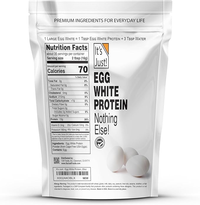 It's Just! - Egg White Protein Powder Dried Egg Whites Protein Meringue Ingredient Non-GMO USA Farms (Unflavored 20oz)