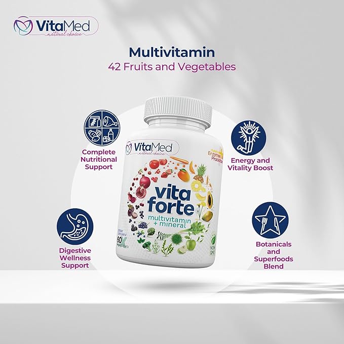 VitaMed Wellness Combo – Vita Forte Vegan Multivitamin + Hair Skin &amp Nails | Complete Daily Nutrition for Energy Immunity Radiant Skin &amp Hair – Halal Non-GMO Made in USA (2 Bottles Bundl