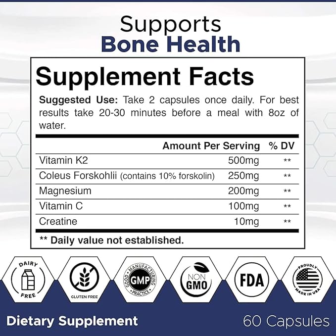 Labs Natural Bone Strength Supplements for Adults 180 Capsules - Nutritious Blend of Coleus Forskohlii Creatine Magnesium Vitamin K2 &amp C for Better Bone Health &amp Growth.