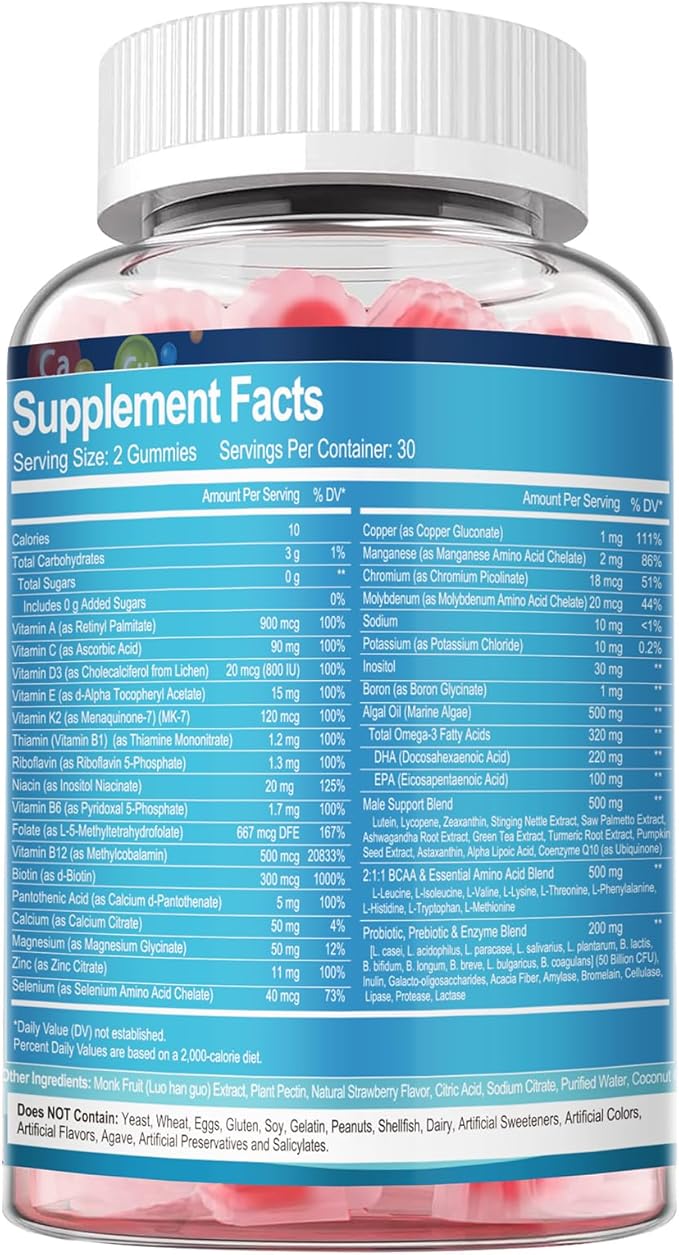 Totaria 2 Packs Sugar Free Multivitamin for Men with Omega 3 Probiotics Mens Multivitamins Gummies w/Methylated B Complex BCAA Lycopene Zinc for Daily Energy Immune Heart Iron Free