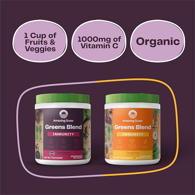 Amazing Grass Greens Blend Superfood for Immune Support: Super Greens Powder Smoothie Mix with Organic Spirulina Chlorella Beet Root Powder Digestive Enzymes &amp Probiotics Elderberry 30 Servin