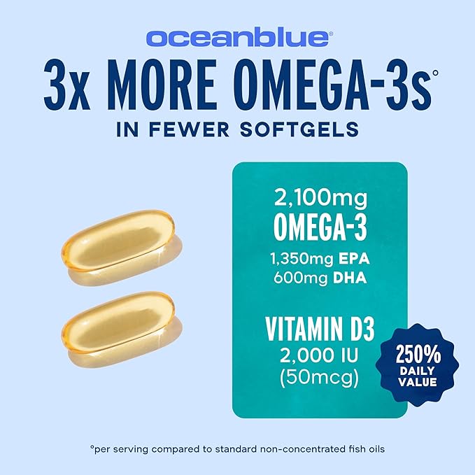 Oceanblue Professional Omega-3 2100 with Vitamin D3 – 120 ct – Triple Strength Burpless Fish Oil Supplement with High-Potency EPA DHA DPA and Vitamin D3 – Wild-Caught – Orange Flavor (60 Servings)