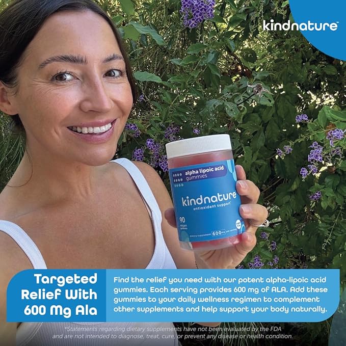 kindnature Alpha Lipoic Acid Gummies 600mg - Neuropathy Supplements - Vegan Sugar-Free Low Calorie 600 mg ALA Supplement - Pure ALA Alpha Lipoic Acid for Antioxidant Nutritional Supplements