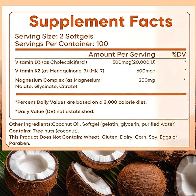 Vitamin D3 K2 Magnesium Complex Extra Strength Wellness D3K2 with Triple Magnesium &amp Coconut Oil for Maximum Absorption Support Bone &amp Immune Health Non-GMOEasy to Swallow 200 Softgels