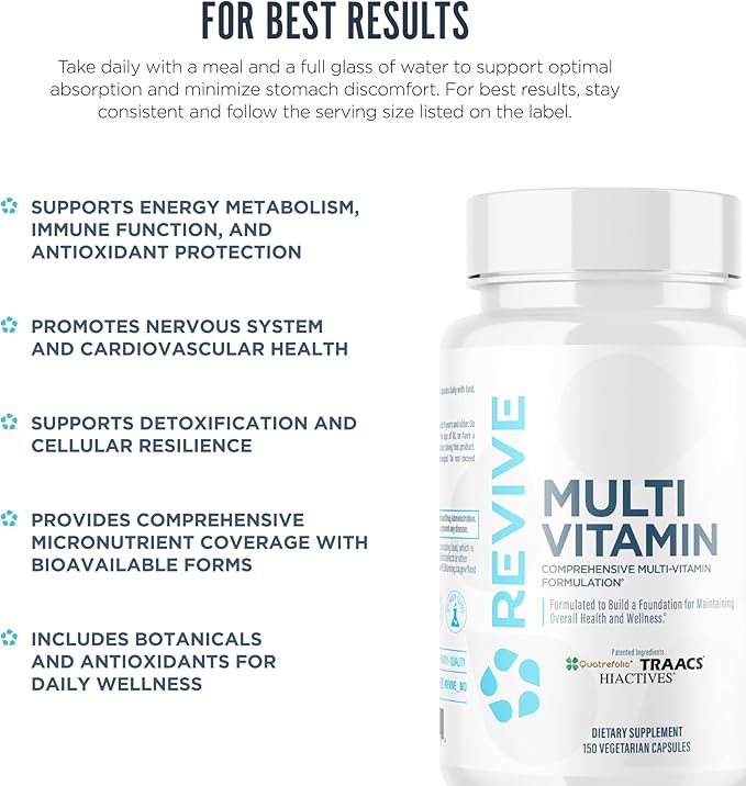 Revive MD Multi-Vitamin Supplement for Men &amp Women – Daily Multivitamin Supports Energy Immunity &amp Overall Health with Essential Vitamins NAC Zinc Magnesium &amp More (150 Capsules 30 Se