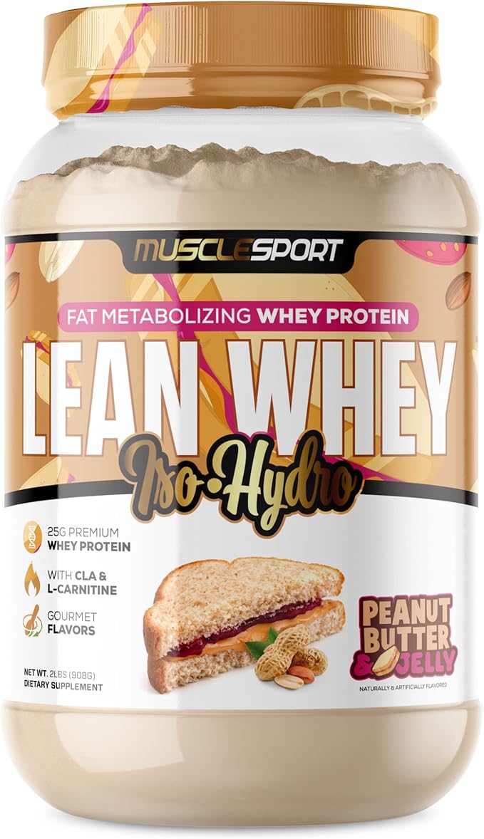 MuscleSport Lean Whey Revolution™ Whey Protein Isolate with Hydrolyzed Whey - Low Calorie Low Carb Low Fat Incredible Flavors - 25g protein per scoop (2LB Peanut Butter &amp Jelly)