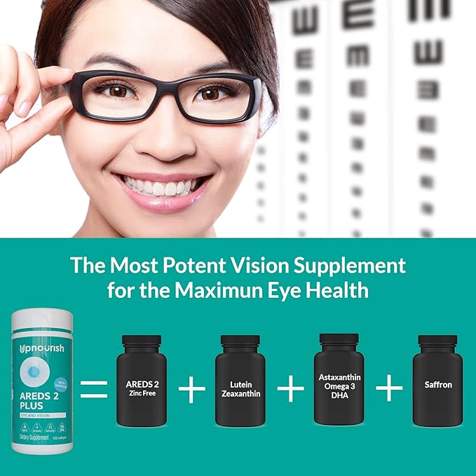 UpNourish AREDS 2 Plus Eye Vitamin Supplement AREDS 2 Zinc Free Formula with Lutein Zeaxanthin Saffron Astaxanthin &amp DHA - 120 softgels