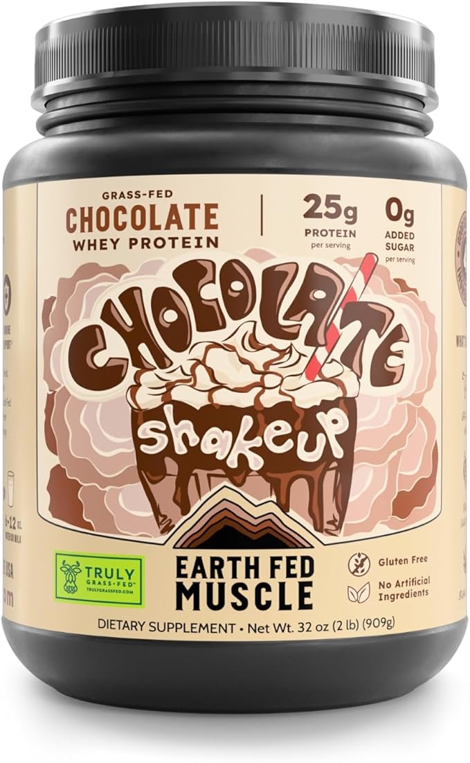 Earth Fed Muscle Chocolate Shakeup Truly Grass Fed Whey Protein Isolate. 3rd-Party Certified No Artificial Ingredients Soy Free Gluten Free Non-GMO Hormone Free (2 Pound 29 Servings Chocolate)