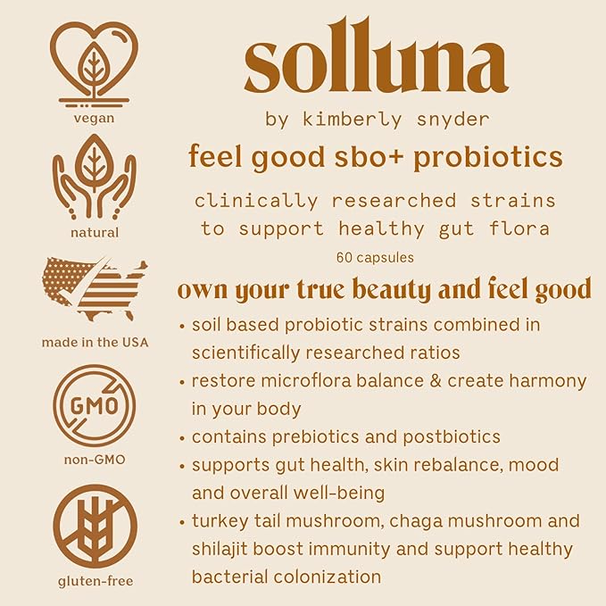 Feel Good SBO Probiotics — Soil Based Organisms (SBOs) Prebiotics Postbiotics Humic Acid Shilajit Chaga &amp Turkey Tail Mushroom for Digestion — Solluna by Kimberly Snyder (60CT) Vegan &amp No