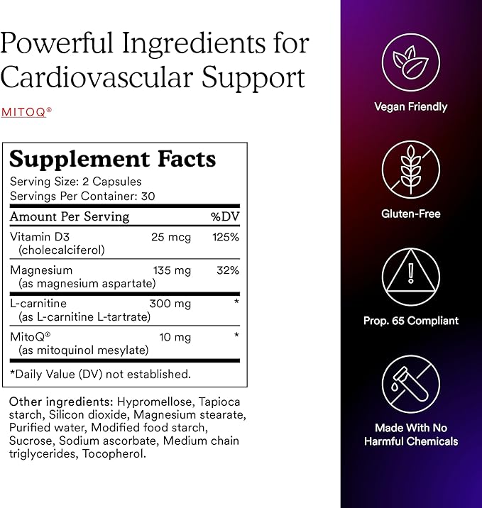 MitoQ +Heart Premium CoQ10 Antioxidant - Contains Mitoquinol Mesylate Magnesium L-Carnitine &amp Vitamin D3 - Supports Cardiovascular and Circulatory Health &amp Cell Vitality (60 Capsules)