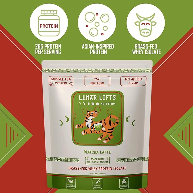 Lunar Lifts Nutrition Matcha Latte - Boba Tea Protein Powder | 26g Whey Protein Isolate Matcha Powder | Ceremonial-Grade Matcha Bubble Tea Protein Powder | No Added Sugar &amp Artificial Ingredients