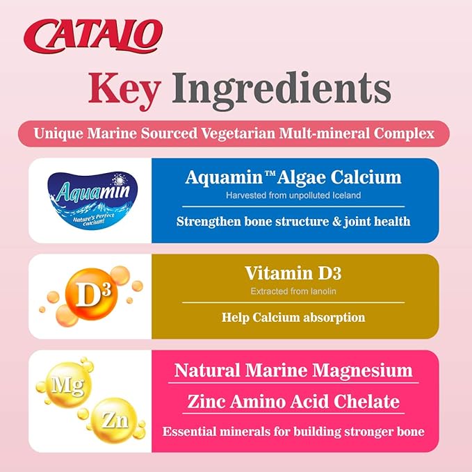 CATALO Women's Calcium with Aquamin™ Red Algae - Plant-Based Marine Calcium Supplement with Vitamin D3 Magnesium &amp Zinc - High Absorption Formula - 60 Tablets