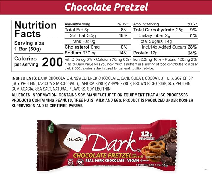 NuGo Dark Variety - Pretzel with Sea Salt 12 Bars &amp Dark Coconut 12 Bars 10-12g Protein Bar Vegan Gluten Free Non-GMO Kosher Pareve 24 Count