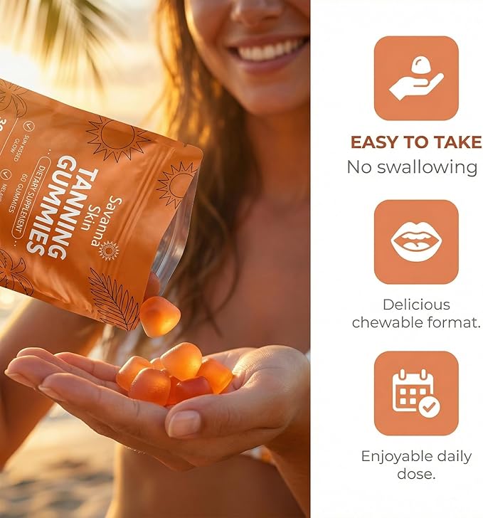 Savanna Skin Tanning Gummies with Vitamin C &amp E Astaxanthin Beta Carotene Skin Radiance &amp Hydration for Natural Looking Glow Bronzing Non-GMO Vegan &amp Sugar Free - 60 Count (2)