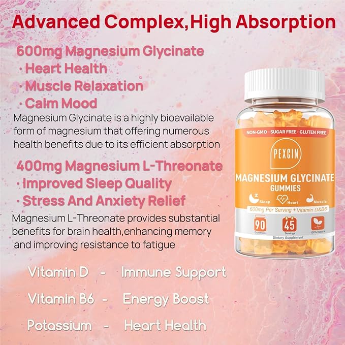 Magnesium Glycinate Gummies for Adults &amp Kids 1000mg High Absorption Magnesium Complex Supplement Sugar Free with PotassiumVitamins for Calm Sleep Supprt Stress Relief 180 Counts Orange