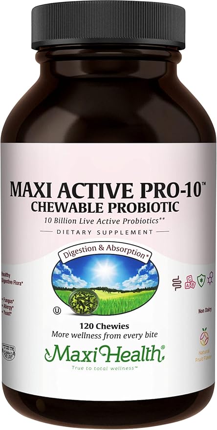 Maxi Health Active Pro-10 Kids Probiotic Chewables – 15 Strains for Digestive &amp Immune Health –10 Billion probiotic Blend- Dairy-Free Kosher – Supports Gut Health Vegetarian – 60 ct (Shelf Stabl