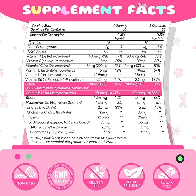 Kids Methylated Multivitamin Chewable &amp Liposomal Magnesium Glycinate 400mg Gummies Immune &amp Brain Muscle &amp Relax