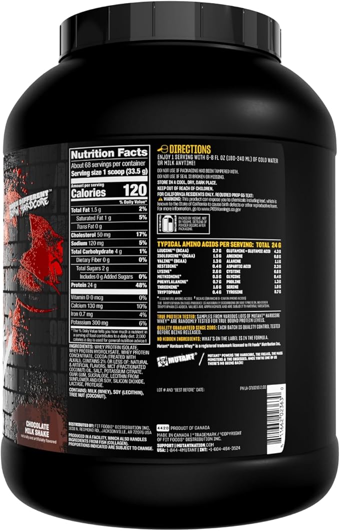 Mutant Hardcore WHEY | 100% Pure Whey Protein | 24g Protein Fast-digesting whey Protein Isolate Plus whey Protein hydrolysate | 68 Servings | 5 LB | Chocolate