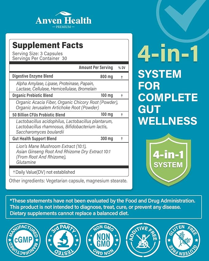 800mg Digestive Enzymes for Men and Women with Probiotics &amp Prebiotics 8 Key Enzymes Protease Amylase &amp Lipase | 270 Capsules - A 90-Day Supply for Bloating &amp Gas Relief - Non-GMO