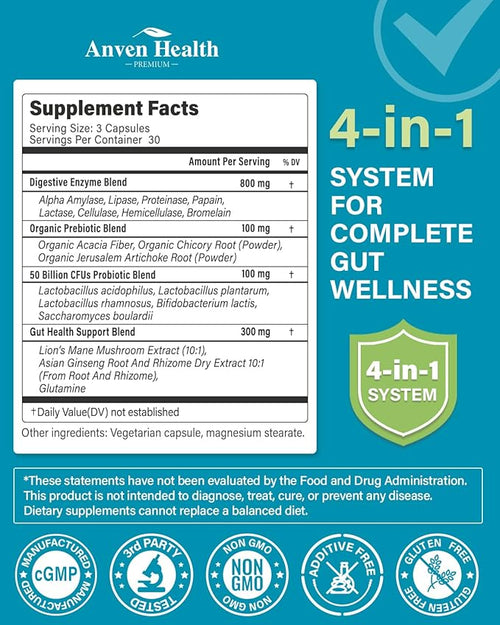 800mg Digestive Enzymes for Men and Women with Probiotics &amp Prebiotics 8 Key Enzymes Protease Amylase &amp Lipase | 270 Capsules - A 90-Day Supply for Bloating &amp Gas Relief - Non-GMO
