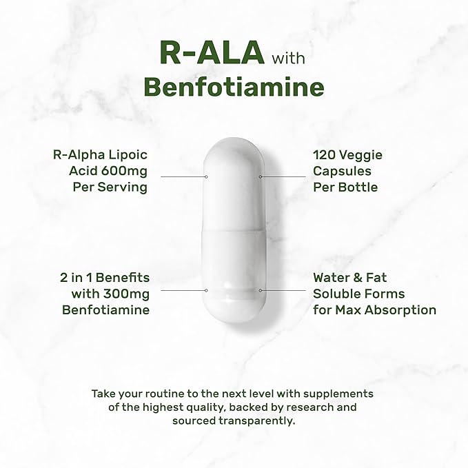 DEAL SUPPLEMENT R Alpha Lipoic Acid 600mg with Benfotiamine 300mg Per Serving 120 Veggie Capsules – 200mg R-ALA Per Capsule – Antioxidant Supplement for Energy &amp Nervous System Support