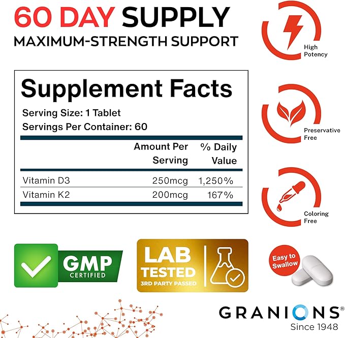 Max Strength D3 K2 Vitamin 10000IU MK7 Complex - 250mcg MK-7 Vitamin K2 D3 Supplement - Coloring Preservative Free Immune Support Bone Health Supplements VIT D K - 2 Month 60 One-a-Day Tablets